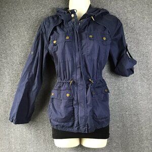 Michael Michael Kors Blue Hooded Zip Front Utility Jacket Sz P